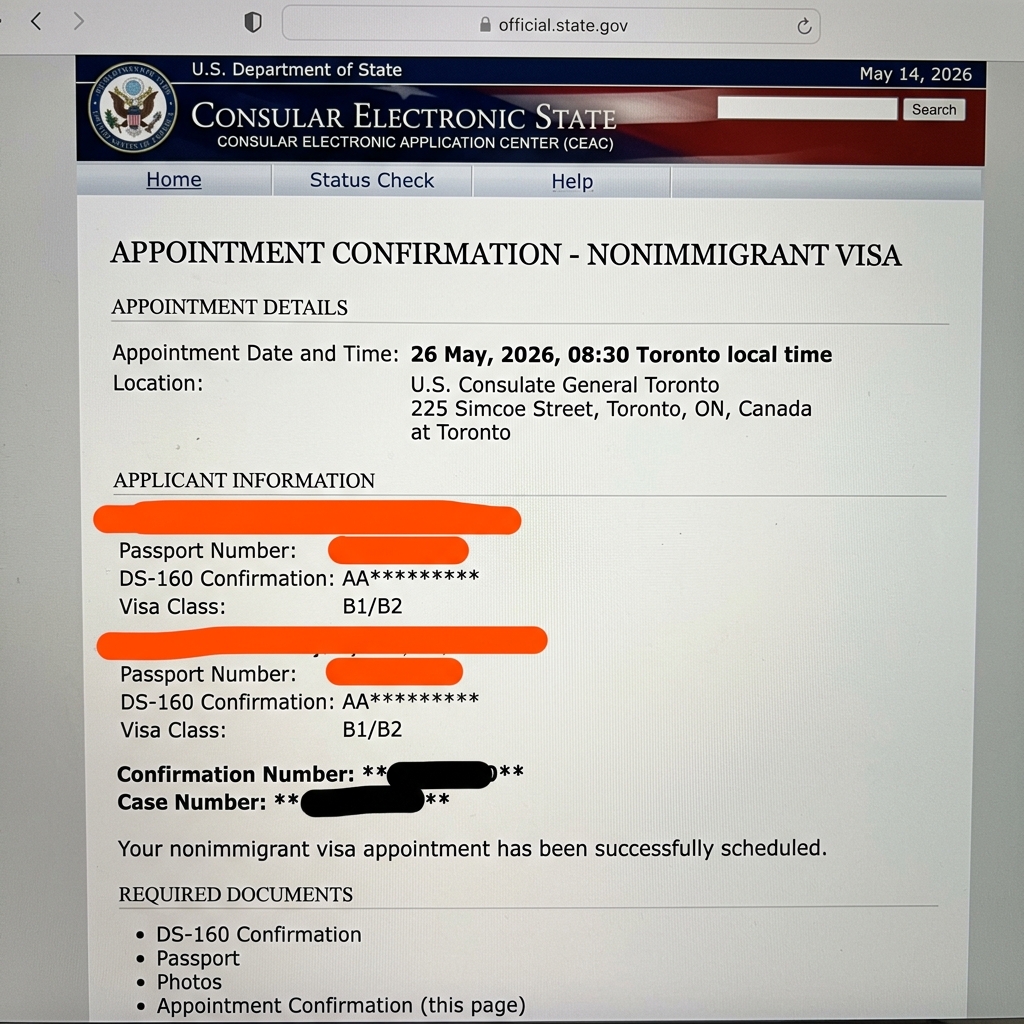 Toronto US Early Visa Slot booking May 2026