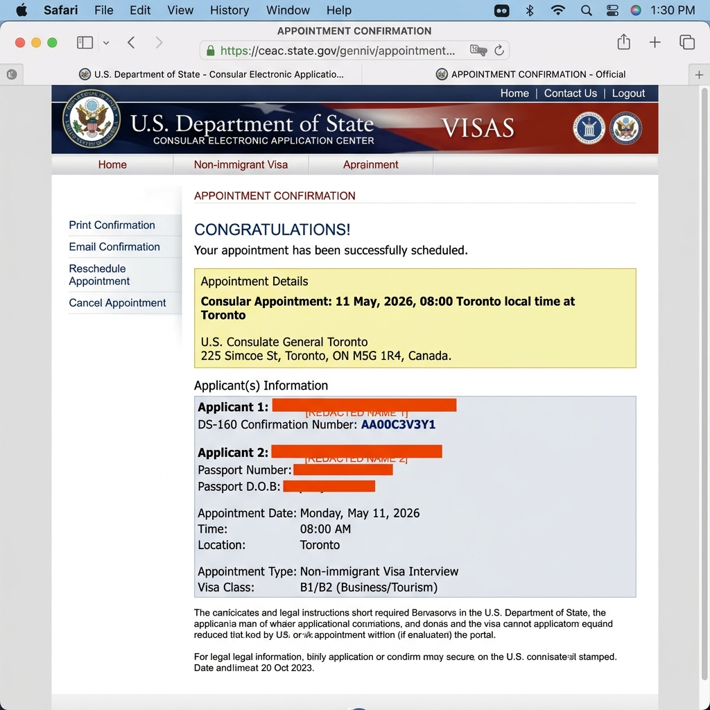 Toronto US Early Visa Slot booking May 2026